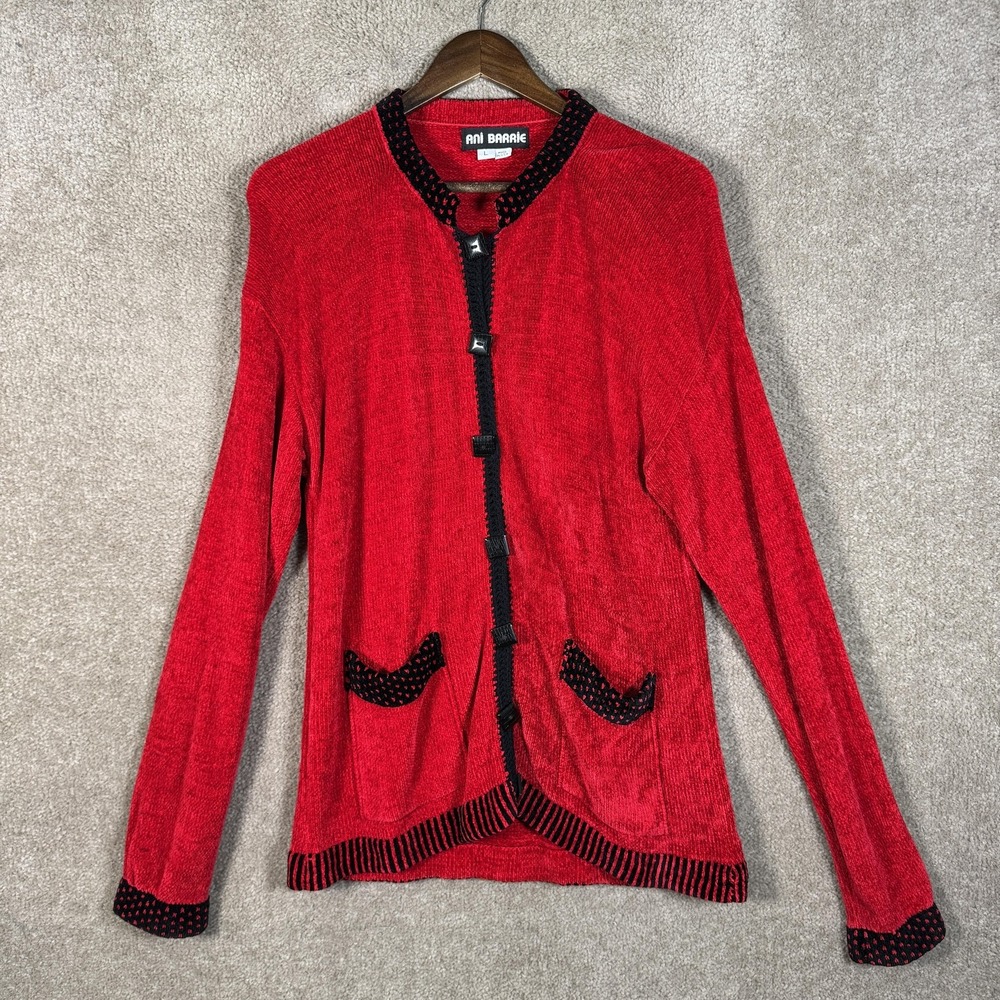 Vintage Ani Barrie Chenille Cardigan‎ Red Black Toggle Closure Made USA Large